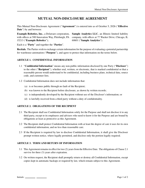 First page of the “Non-disclosure agreement” template