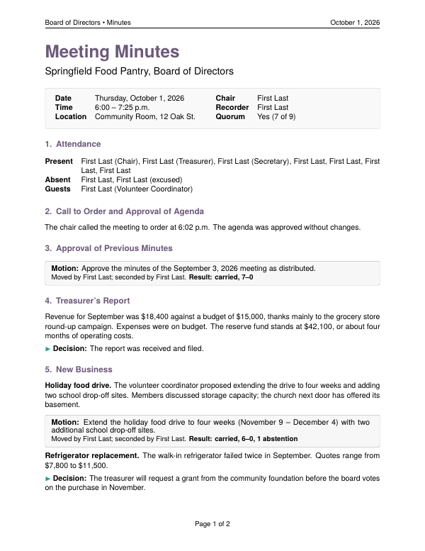 First page of the “Meeting minutes” template