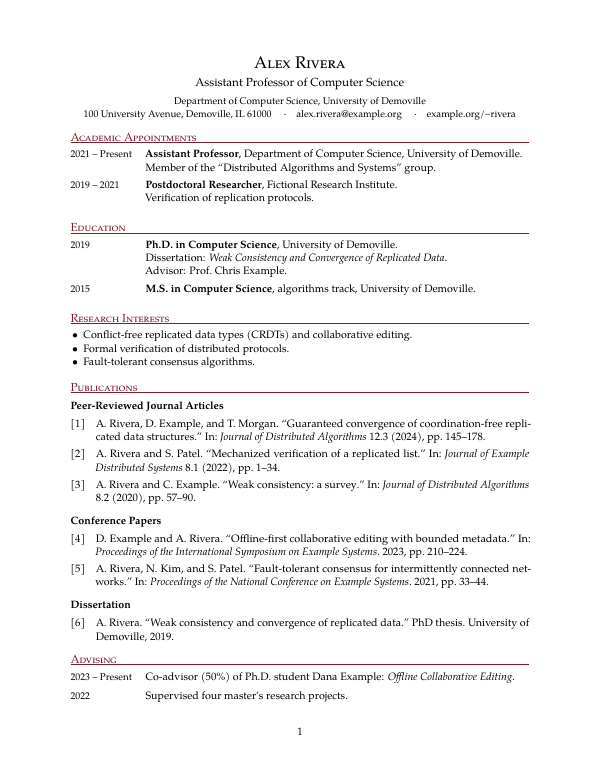 First page of the “Academic CV” template