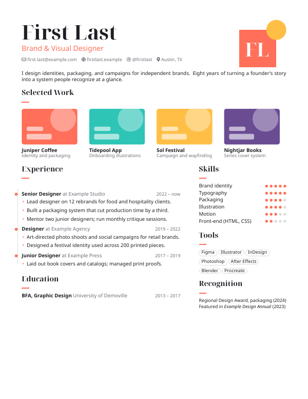 First page of the “Designer resume” template