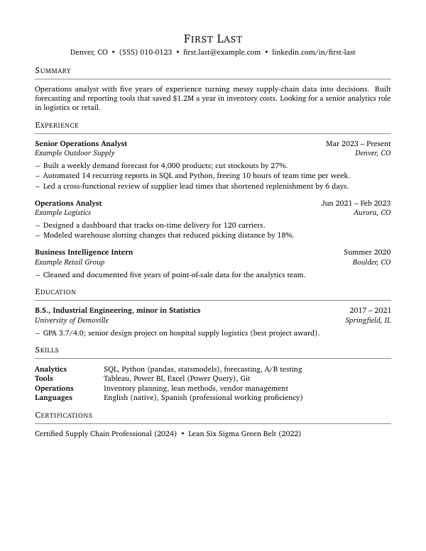 First page of the “Minimal one-page resume” template