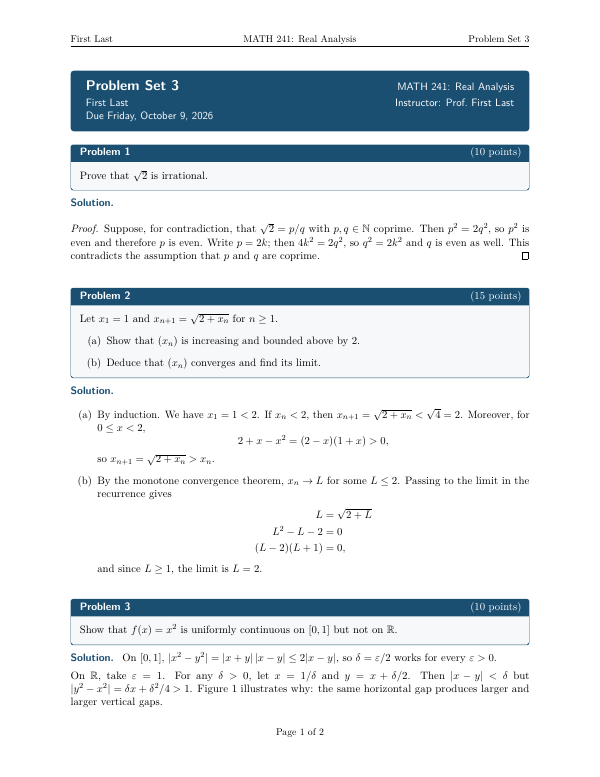 First page of the “Math problem set” template