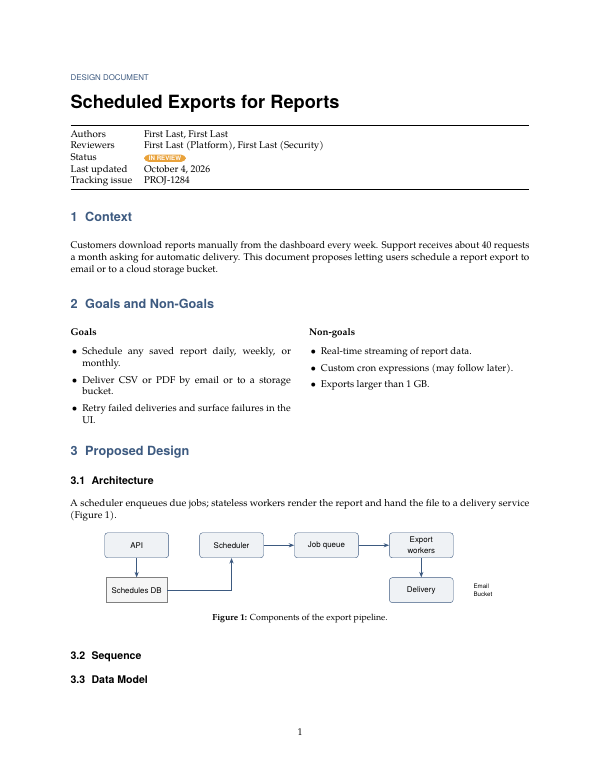 First page of the “Software design document” template
