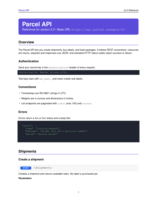 First page of the “API reference” template