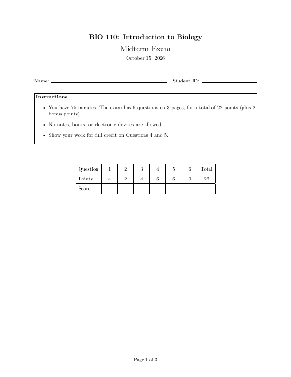 First page of the “Exam” template