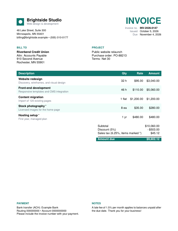 First page of the “Invoice” template