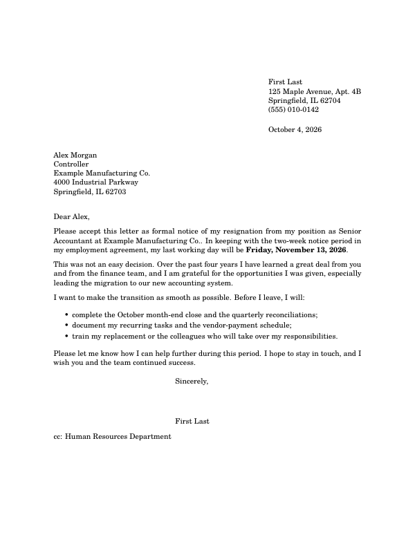 First page of the “Resignation letter” template