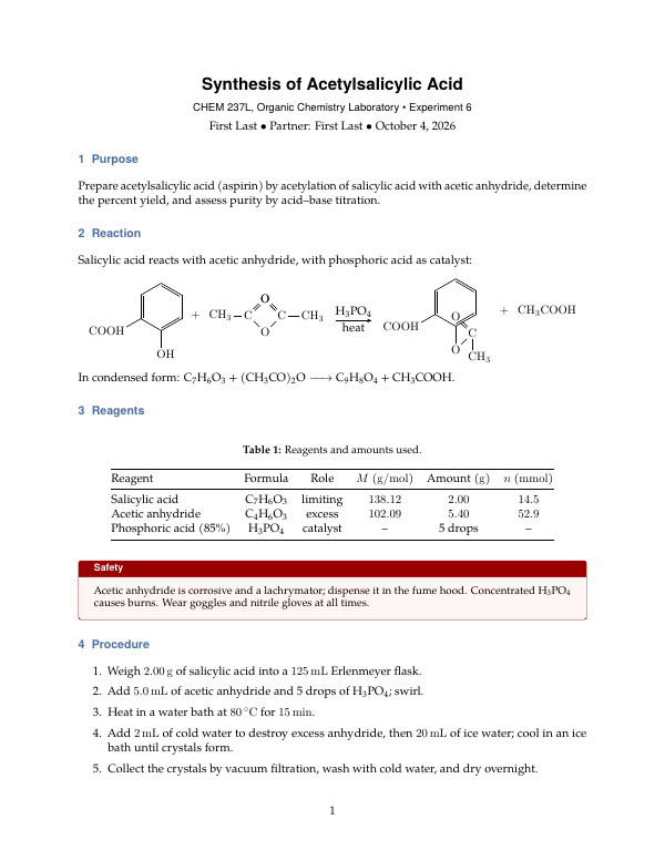 First page of the “Chemistry lab report” template