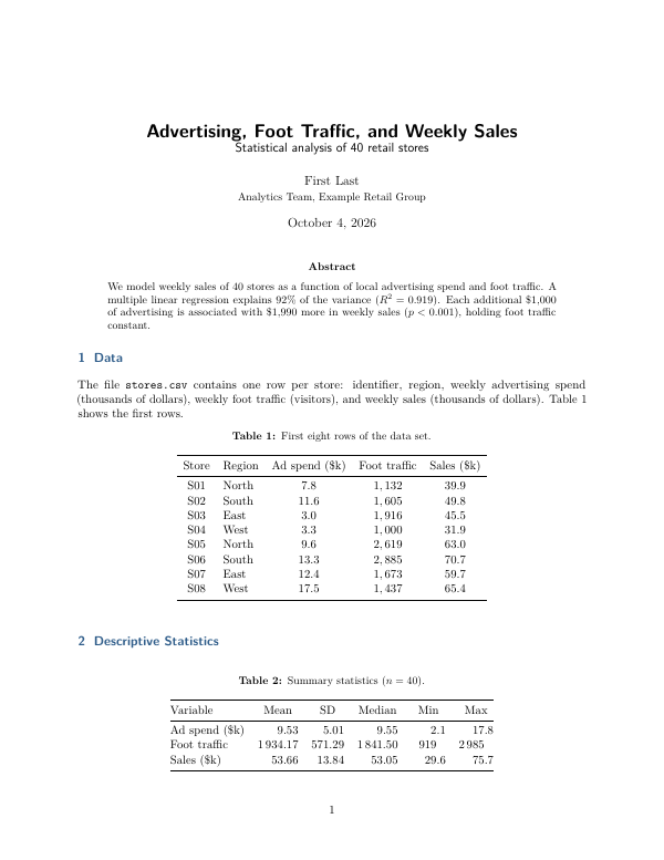 First page of the “Statistical analysis report” template