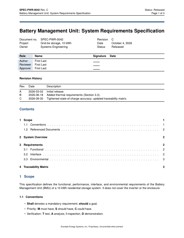 First page of the “Engineering specification” template